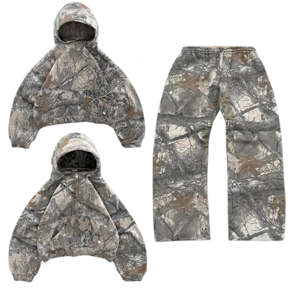 Camouflage Leaf Hoodie Sweatshirt Two Piece Set Men Camouflage Leaf Oversized Sweatshirt Elastic Waist Casual Pants Set 250217