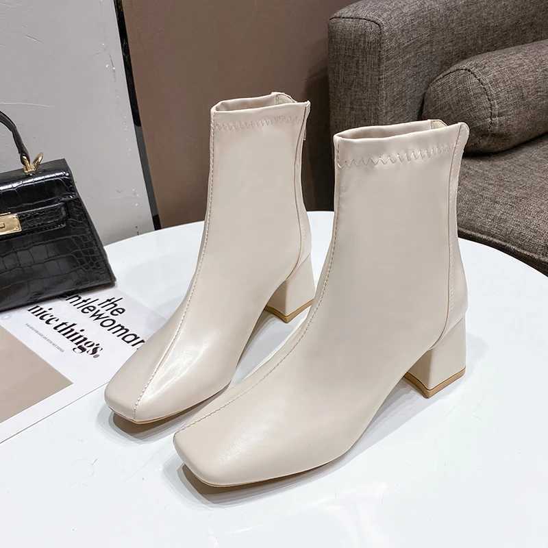 Womens Thick Heel Medium Heel Boots Womens 2024 New Winter Square Toe Back Zipper Increased Casual Short BootsXJ250217