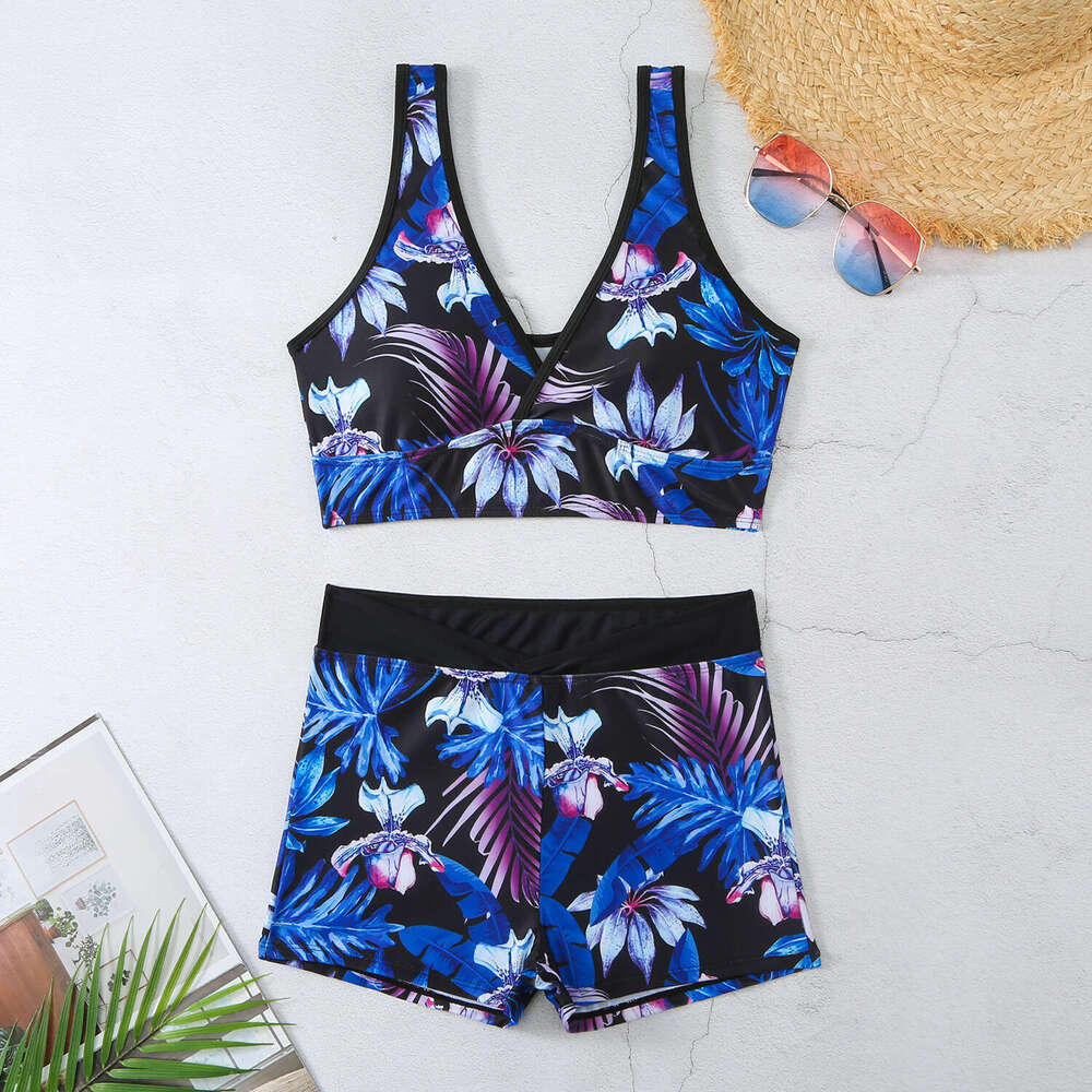 7 Colors European and American Printed V-neck Flat Pants Women's Split Bikini Swimsuit 2025 New Casual Versatile Fashion Clothing