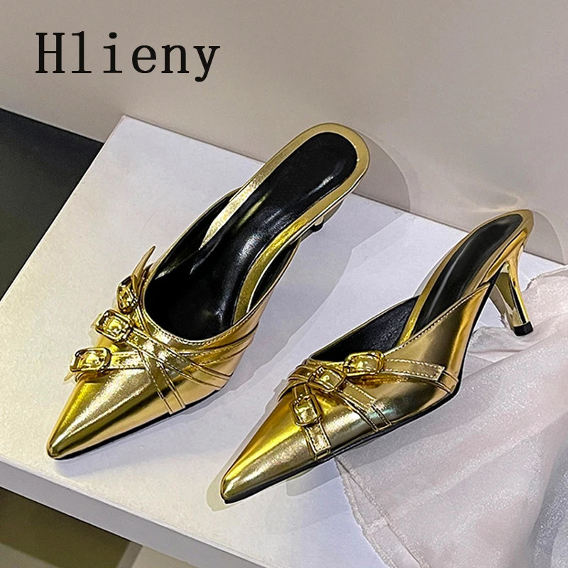 Hlieny 2025 Gold Silver Pointed Toe Ladies Shoes er Low Heels Mules Slippers Fashion Buckle Strap Pumps Women Slides 250217