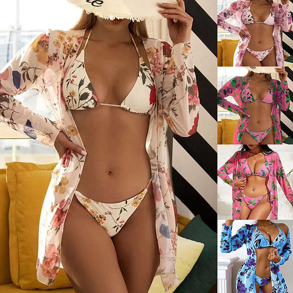 5 Colors European and American Printed Mesh Three piece Cover Shirt Bikini Swimsuit 2025 New Casual Versatile Fashion Clothing