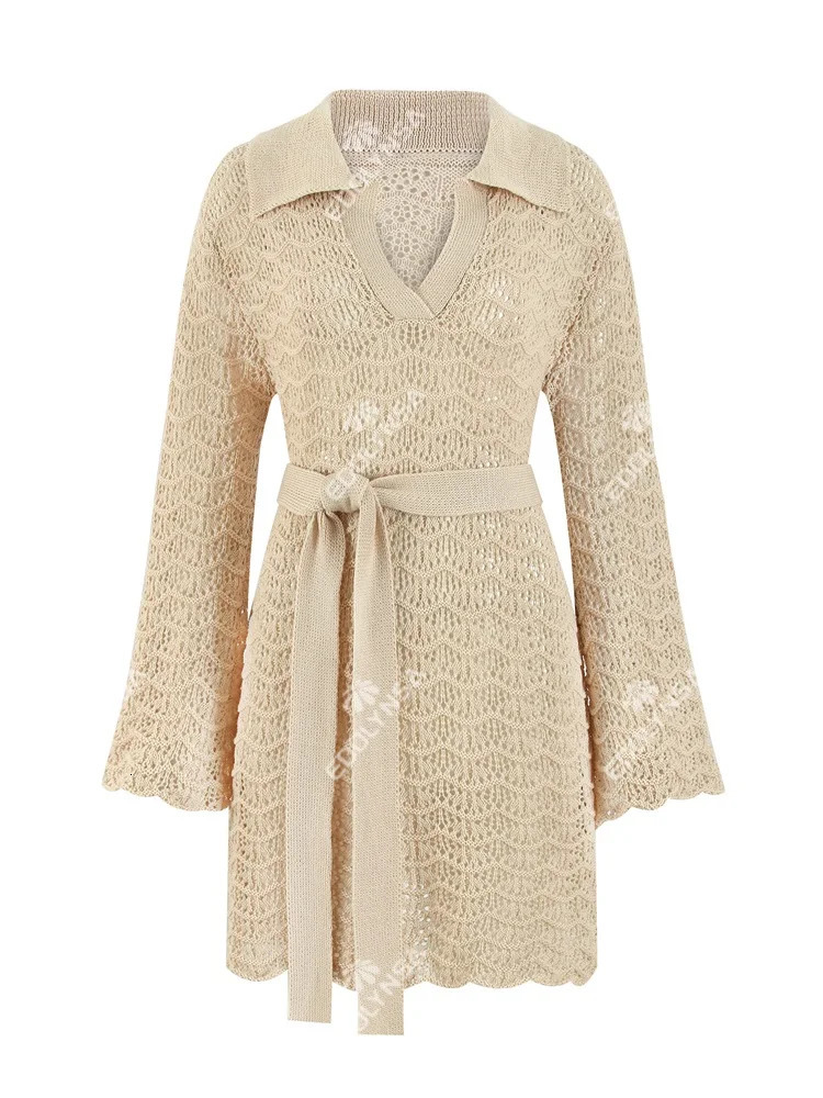 Sexy Vneck Bell sleeve Hollow Knitted Beach Mini Dress 2024 Summer Swimsuit Cover Womens Casual Set K16 250212