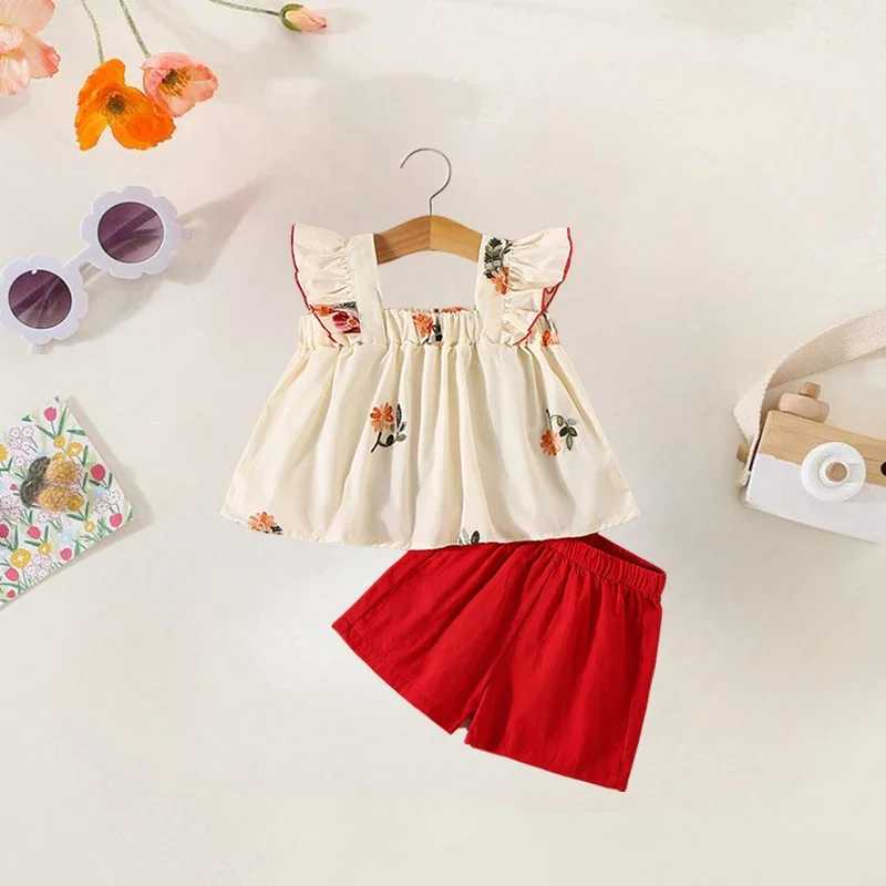 Summer Girl Cotton Sleeveless Set 2 pieces/piece Girl Flower Embroidered Small Sleeve Top+Solid Color Shorts W250218