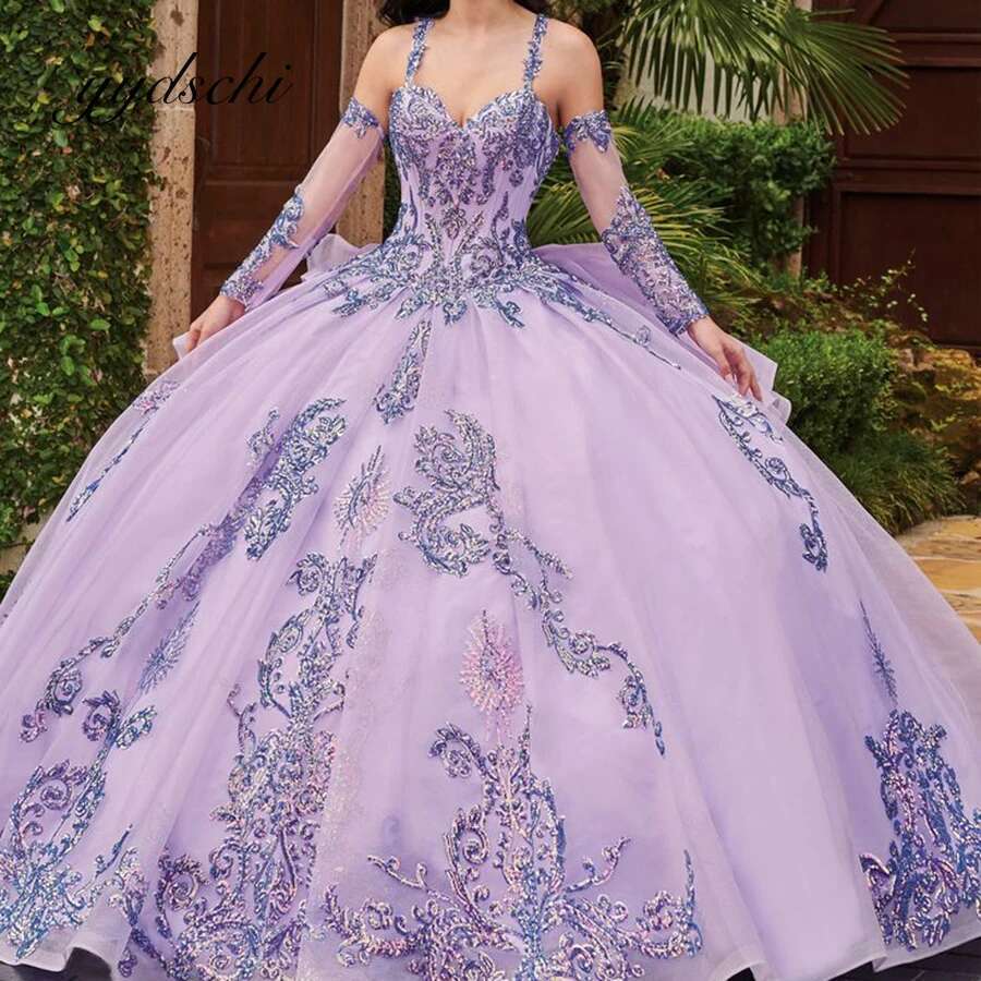Quinceanera Shiny Dresses Beading Party Elegant Court Trian Evening Prom Dress For Women Birthday Tulle Applique Ball Gown