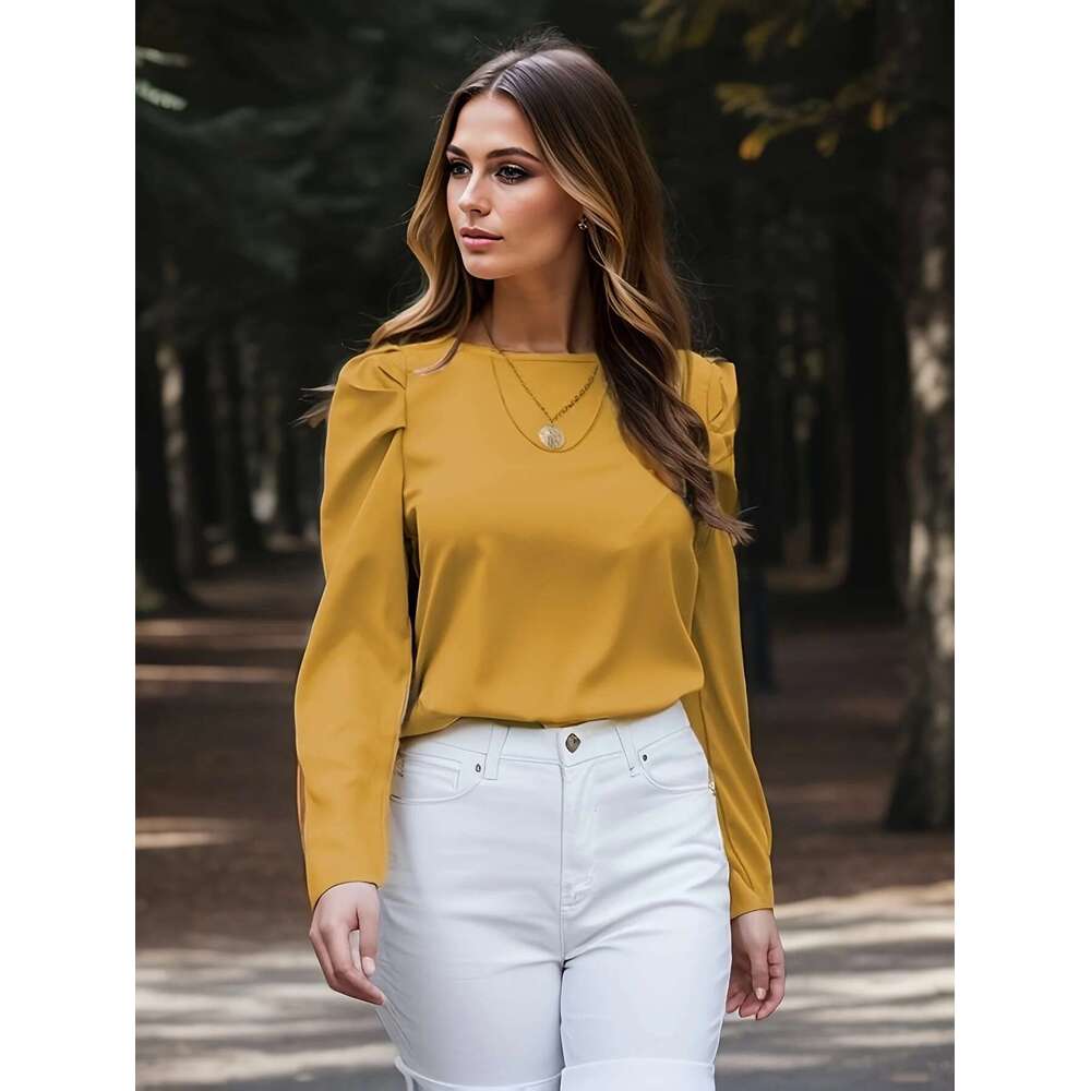 Pullover Elegant Long Sleeve Ruched Blouse - Women's Solid Crew Neck Top For Casual And Formal Wear