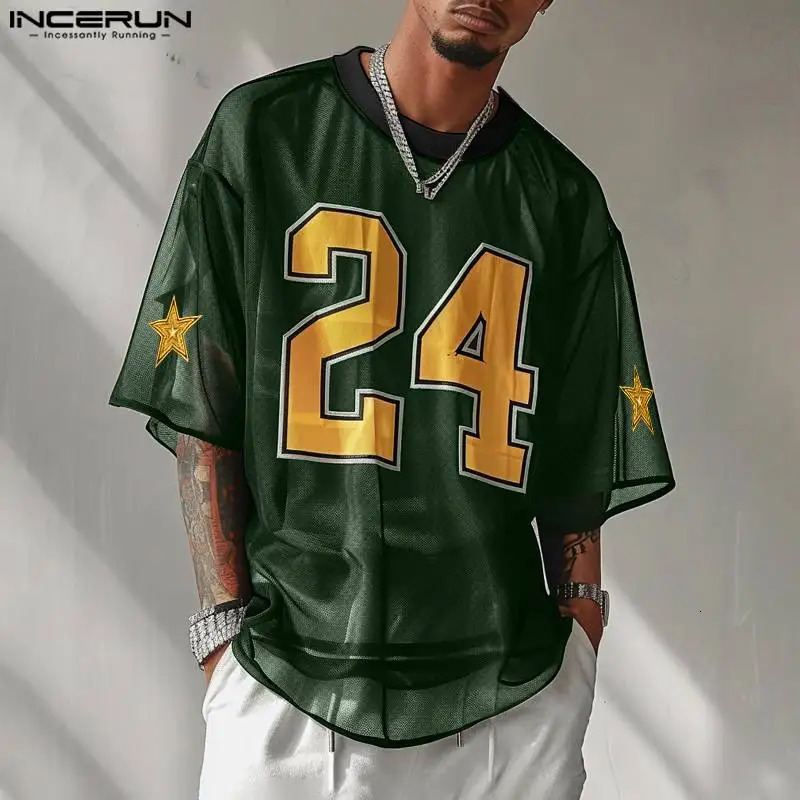 INCERUN Tops American Style Fashion Mens Thin Mesh Digital T-shirt Casual Streetwear Male Short Sleeved Camiseta S-5XL 250217