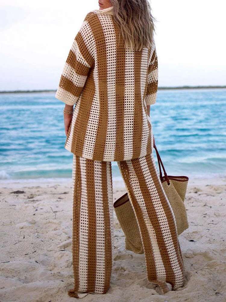Women's Crochet Knitted Sets Summer Beach Suits Casual Loose Cardigan Tops And Pant Beachwear 2 Piece Set