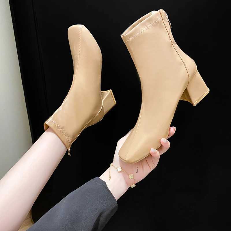 Womens Thick Heel Medium Heel Boots Womens 2024 New Winter Square Toe Back Zipper Increased Casual Short BootsXJ250217