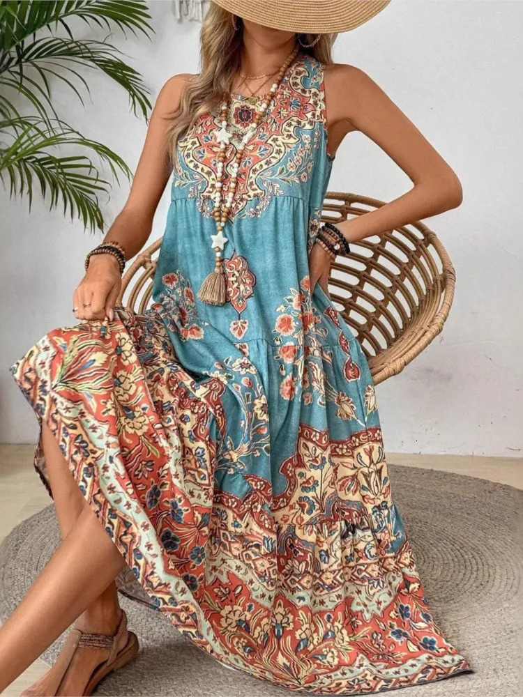 Womens Bohemian Holiday Dress Fashion Printed O-neck Sleeveless Dress Womens Casual Retro Beach Loose Dress Womens Summer Style 250213
