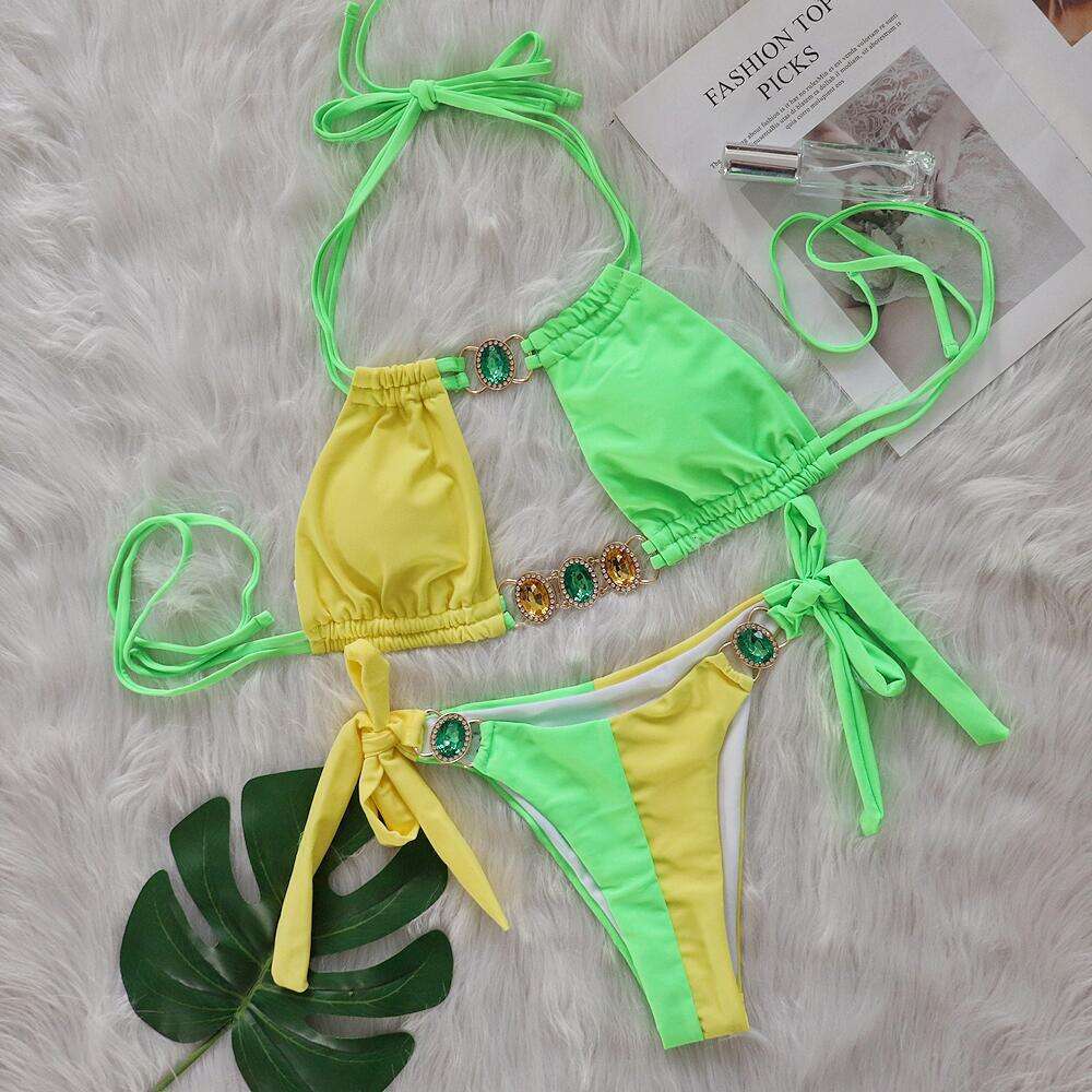 Baizi 2025 New Crystal Bikini Sexy Patchwork Strap Women's Split Swimsuit Swimming Suit for Women Sexy Luxury Bikini Luxury Swimwear New Product 