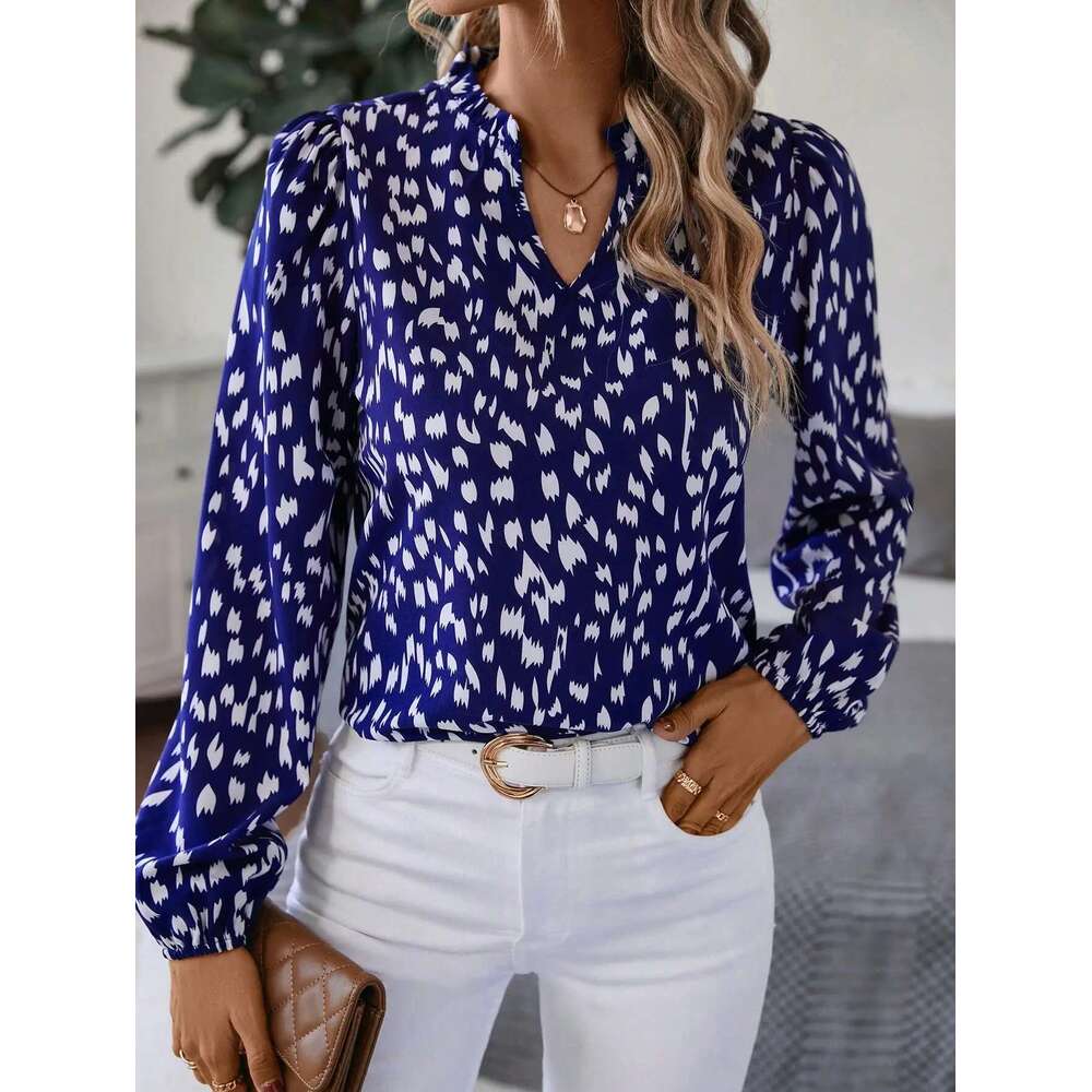 Elegant Notched V-Neck Long Sleeve Full Printed Casual Fashion Women's Shirt