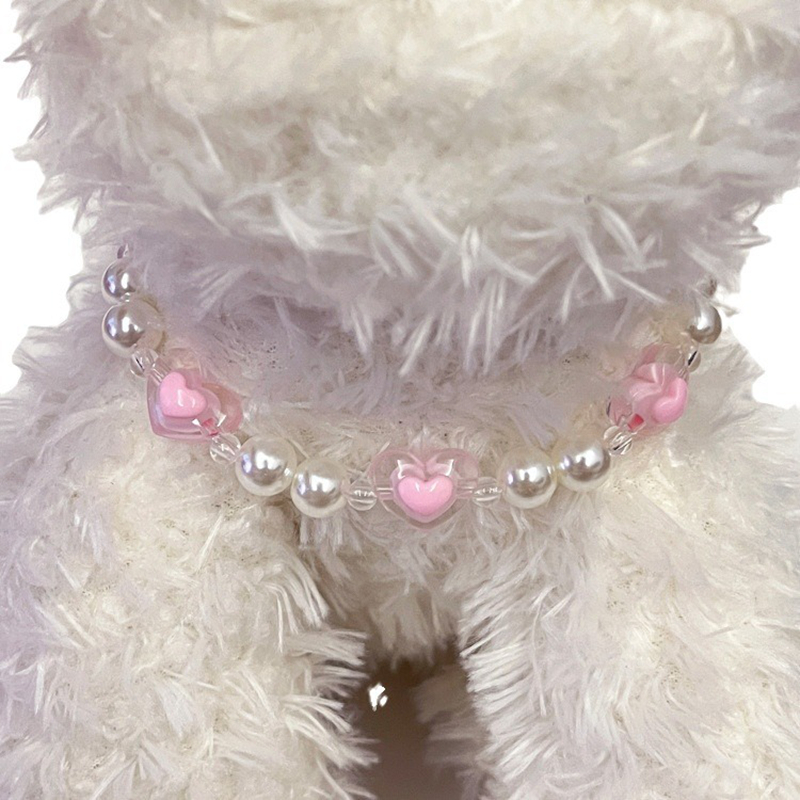 Fashion Pink Love Pearl Dog Necklace with Adjustable Jewelry Buckle, Small Medium Dogs Neck Decoration Necklace for Birthday Valentine's Day and 