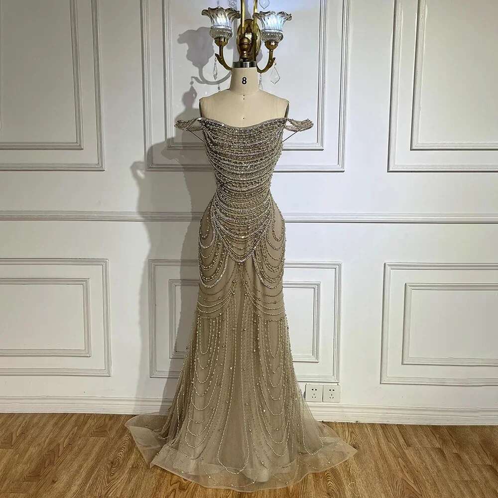 White Dubai Nude Strapless Mermaid Evening Dresses Gowns Pearls Beaded Evening Party Customize