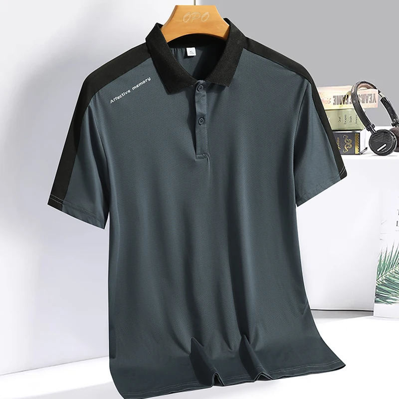 Mens Polo collar top with summer ice silk breathable quick drying short sleeved Tshirt patchwork contrasting color polo shirt 250219