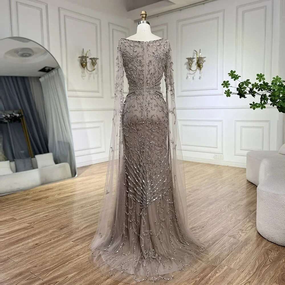 Caramel Arabic Mermaid Long Evening Dress With Beaded Cape Sleeves Gown Evening Party Customize