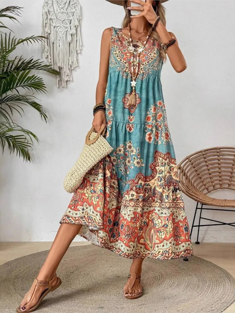 Womens Bohemian Holiday Dress Fashion Printed O-neck Sleeveless Dress Womens Casual Retro Beach Loose Dress Womens Summer Style 250213