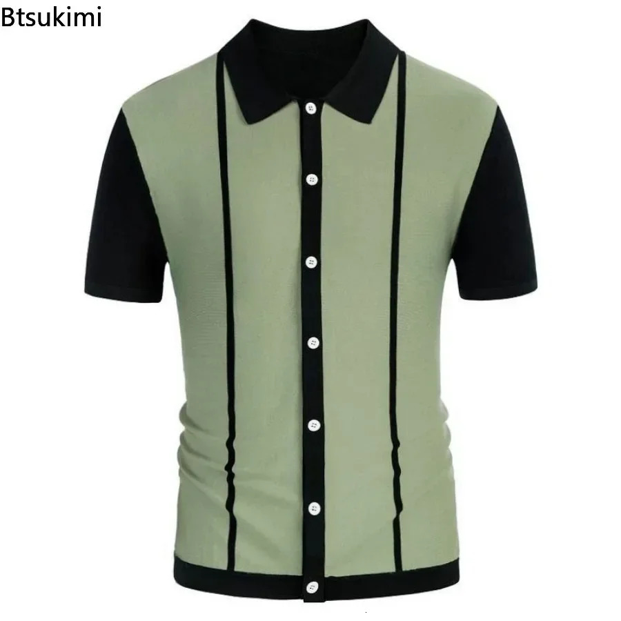 2025 Mens Summer Casual Shirts Knitted Patchwork Striped Polo Shirt Men Turndown Collar Button Slim Fit Tops Ice Silk Tshirt 250213