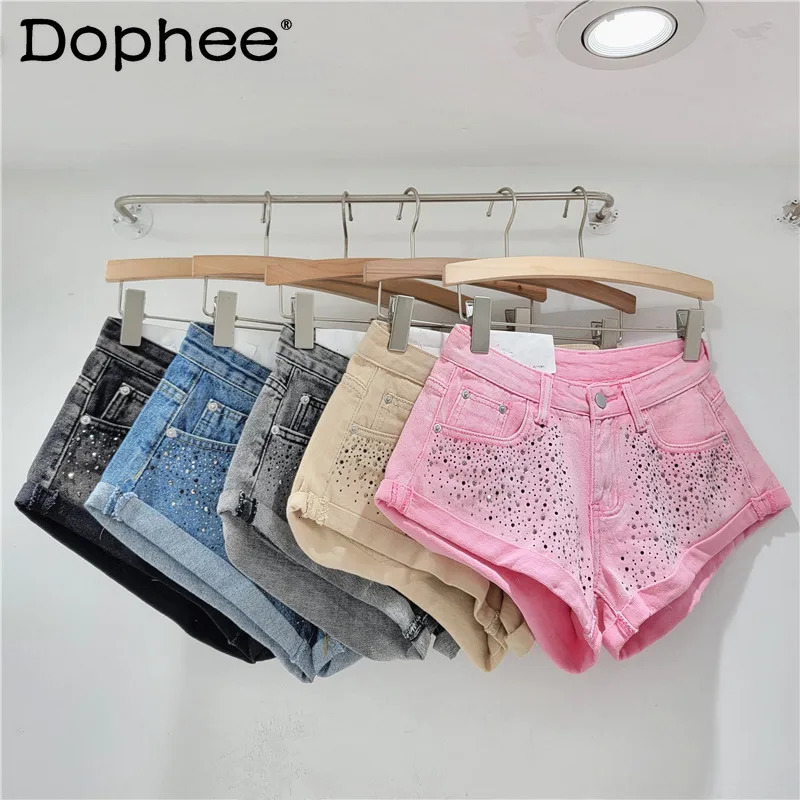 Fashion Retro Rhinestone Denim Shorts Women Summer A- Line Wide Leg Short Pants Ultra Short Booty Shorts for s 250217