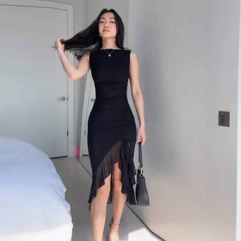 Basic Casual Dresses Women Maxi Dress Summer Elegant Solid Slveless Nipped Waist Slim Backless Ruffled Irregular Party Dresses Strtwear H25217