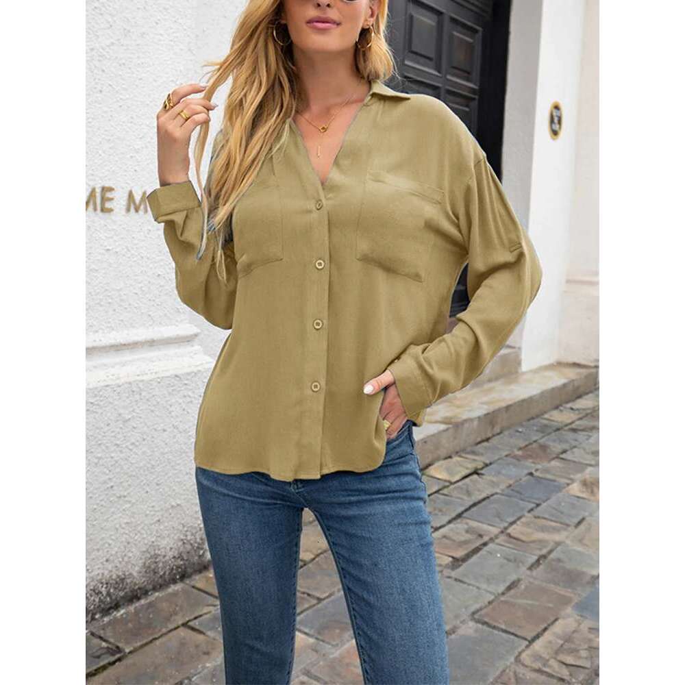 2024 Spring And Summer New Pocket V-Neck Long Sleeve Shirt Women's Casual Loose Solid Color Tops