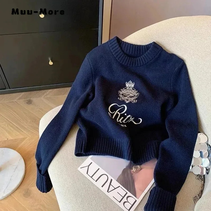 Letters Embroidery Pullover Sweater Spring Autumn Women Round Neck Long Sleeve Knitwear Jumper Female Casual Tops 250217