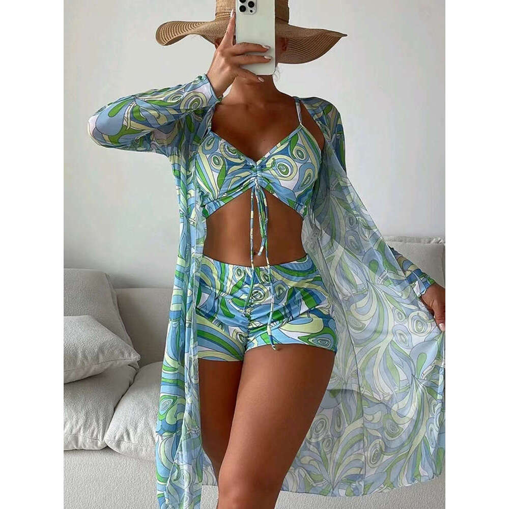 bikini three piece set with digital printing, draped in flat leg pants, swimsuit for women, 2025 new style, chic and elegant clothing