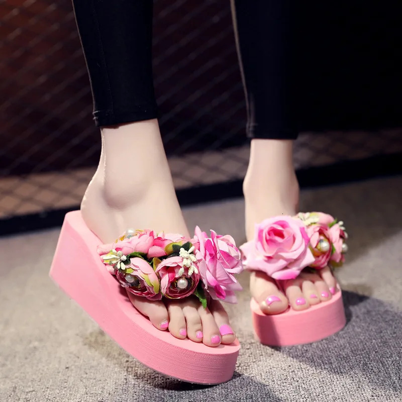 Platform Sandals 2024 Summer Fashion Women Flip Flops Wedge Beach Slides Flower Pearl Ladies Outside Thick Sole Bohemian Sandals 250217