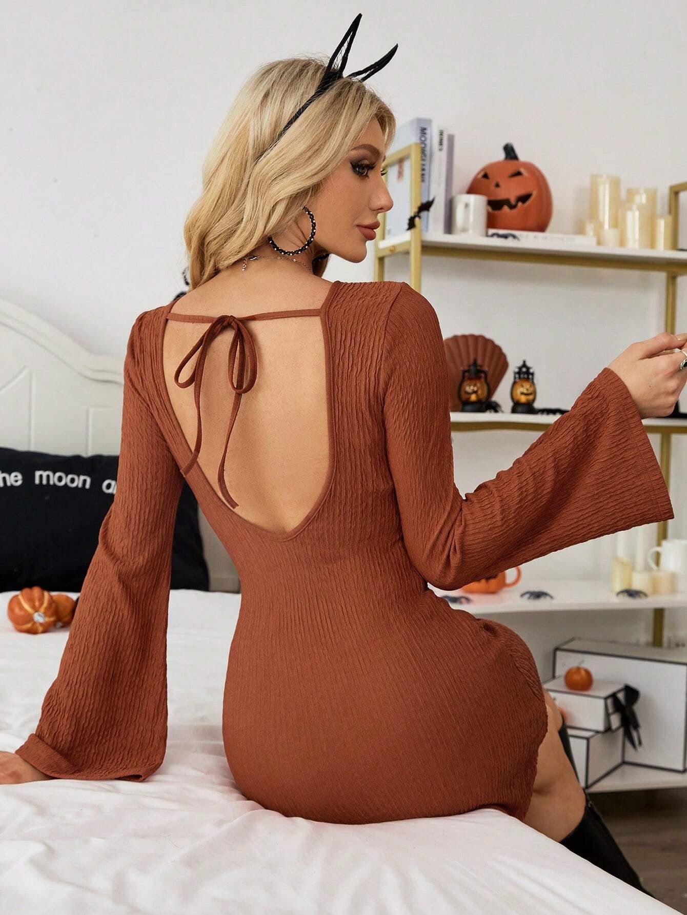 V185135 Dress 2025 Spring Elegant Women's Brown Textured Backless Bowknot Trumpet Sleeves