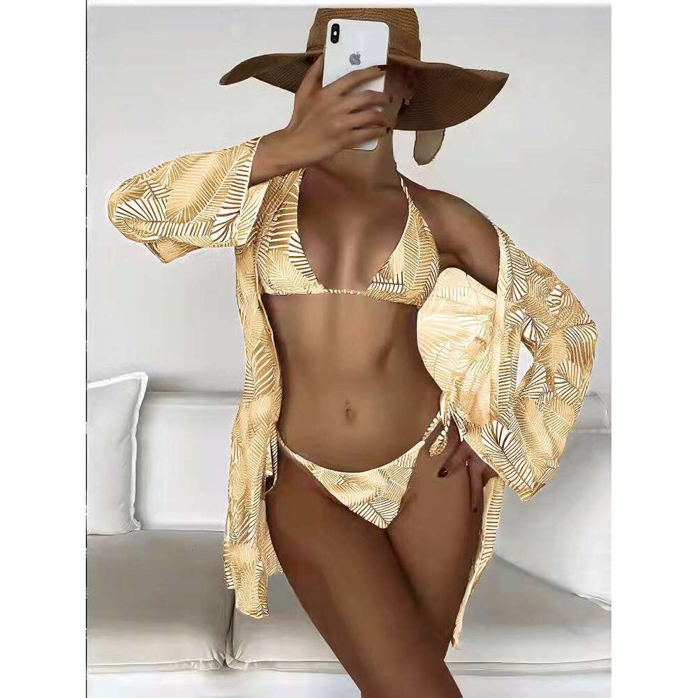 European and American three piece swimsuit with leaf print sexy split beach vacation bikini 2025 new casual versatile fashion clothing