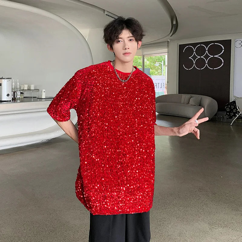 Summer Colorful Shiny Sequin Short Sleeve T Shirt Men Street Casual Hip Hop Tees Tops Stage Performance Costume 250217