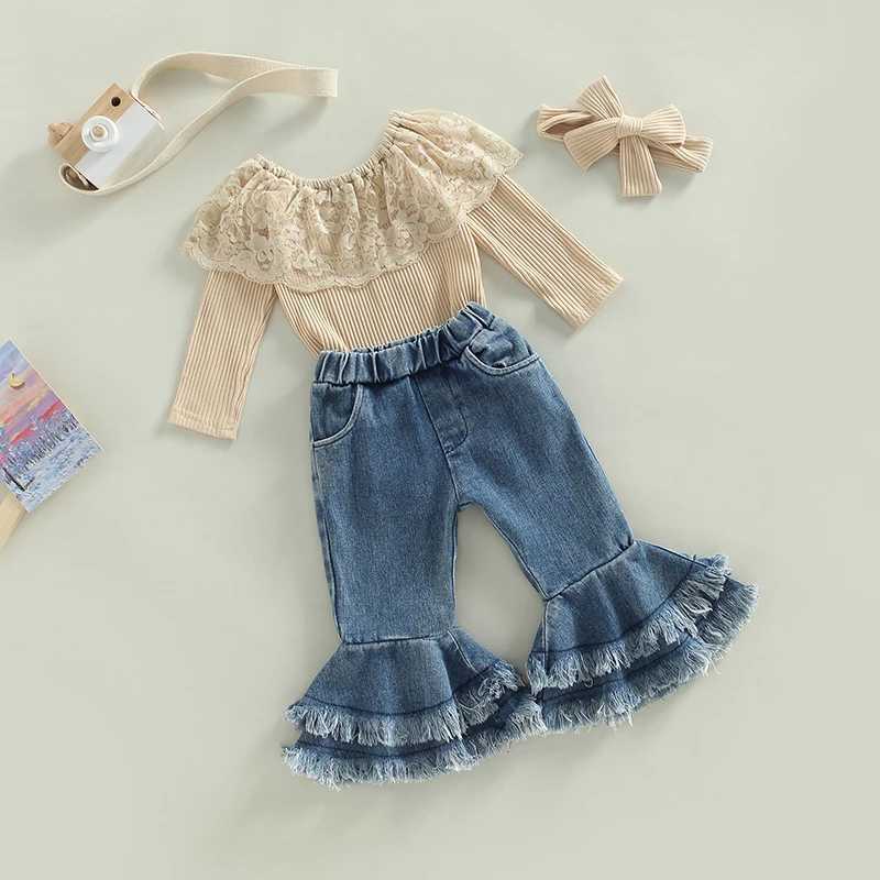 2022-10-28 Lioraitiin 0-24M childrens girls 2PCS pants set long sleeved round neck lace jumpsuit top denim bell bottom headband W250218