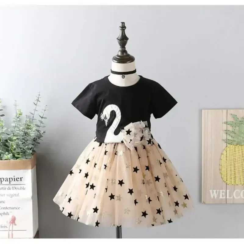 Kid Girl Clothes Swan Lace T-shirt+Star Tulle Skirt 2Pcs Set Baby Outfit Casual Girls Suit Fashion Two-Piece W250218