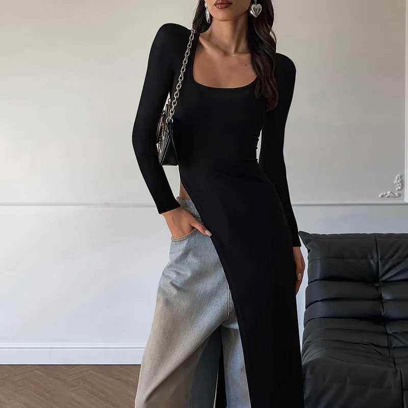 Basic Casual Dresses Lygens O Neck Long Slev Split Slit Solid WomenS Dresses Y2K Strtwear Casual Clothes Midi Long Elegant Ladies Clothes H25217