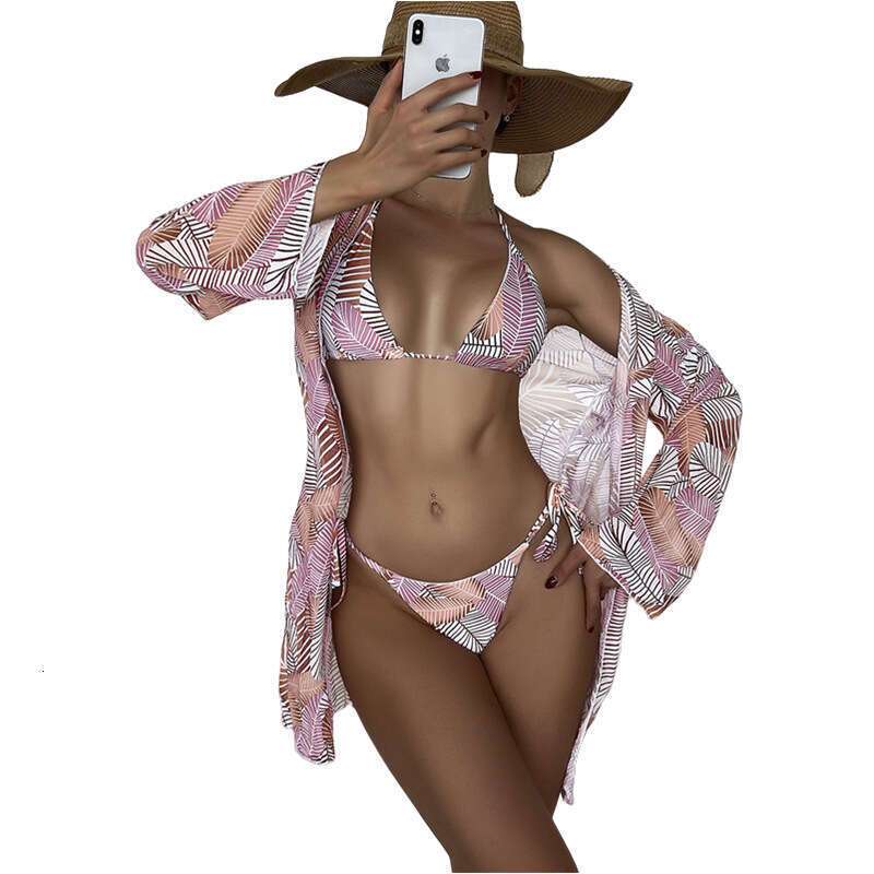 European and American three piece swimsuit with leaf print sexy split beach vacation bikini 2025 new casual versatile fashion clothing