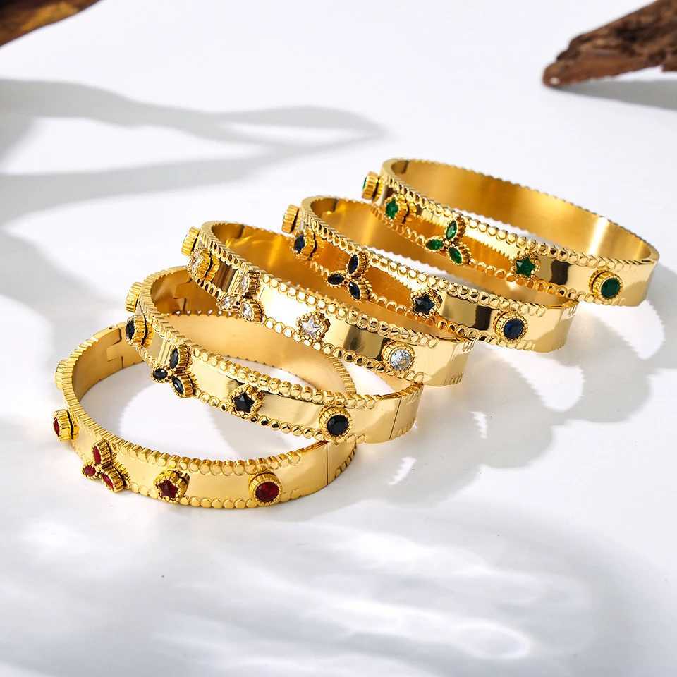 Bangle Multi shaped colored glass stone open bracelet 18k gold-plated stainless steel womens cuff H250217