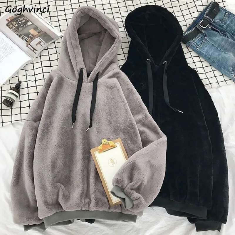 Plus Veet Hoodies Women Hooded Thicker Furry Cozy Korean Fashion Couples Simple Winter Warm Coats Loose Outwear Slouchy Ins