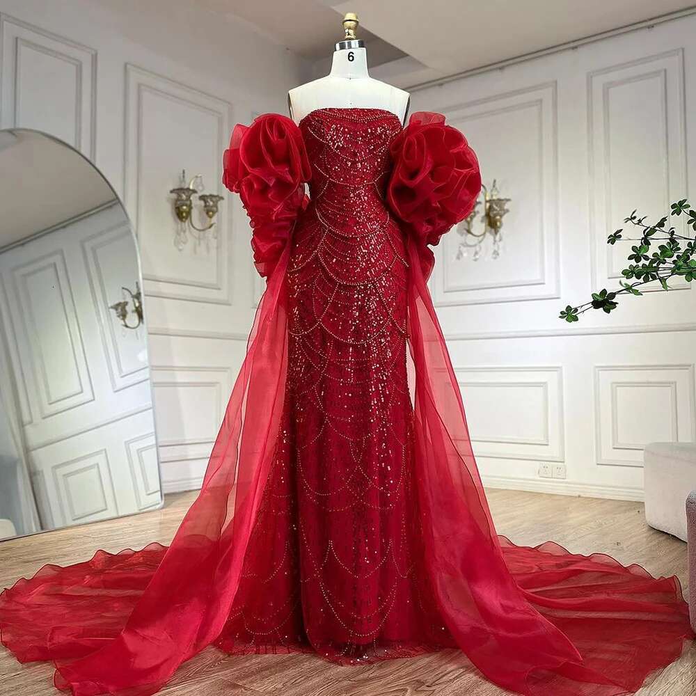 Long Red Cape Mermaid Evening Dresses Gowns With Puff Sleeves Beaded Overskirt And Design Party Customize BLA