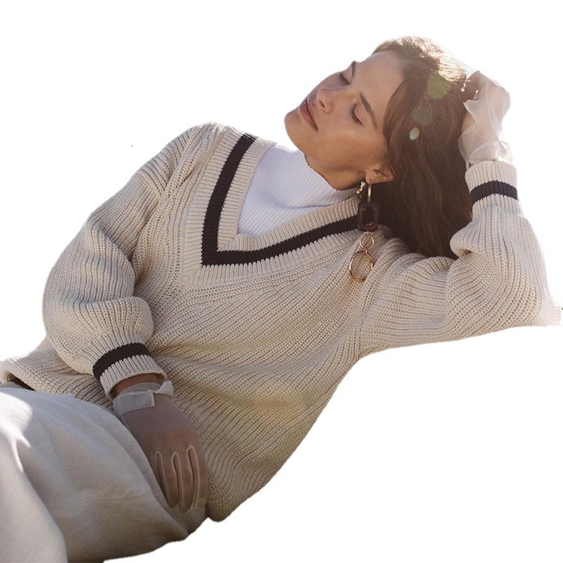 Autumn Winter Casual Splicing Color Contrast Thin Loose Long Sleeve Womens Sweater