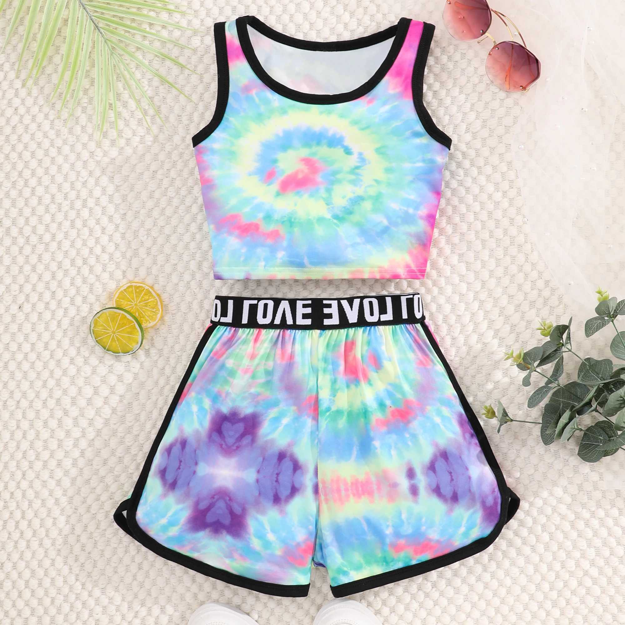 Girls Clothes Summer New Children Set Sleeveless Round Neck Tank Top Shorts Halo Dyed Casual Comfort Girls Outfits 8-12 Years W250218