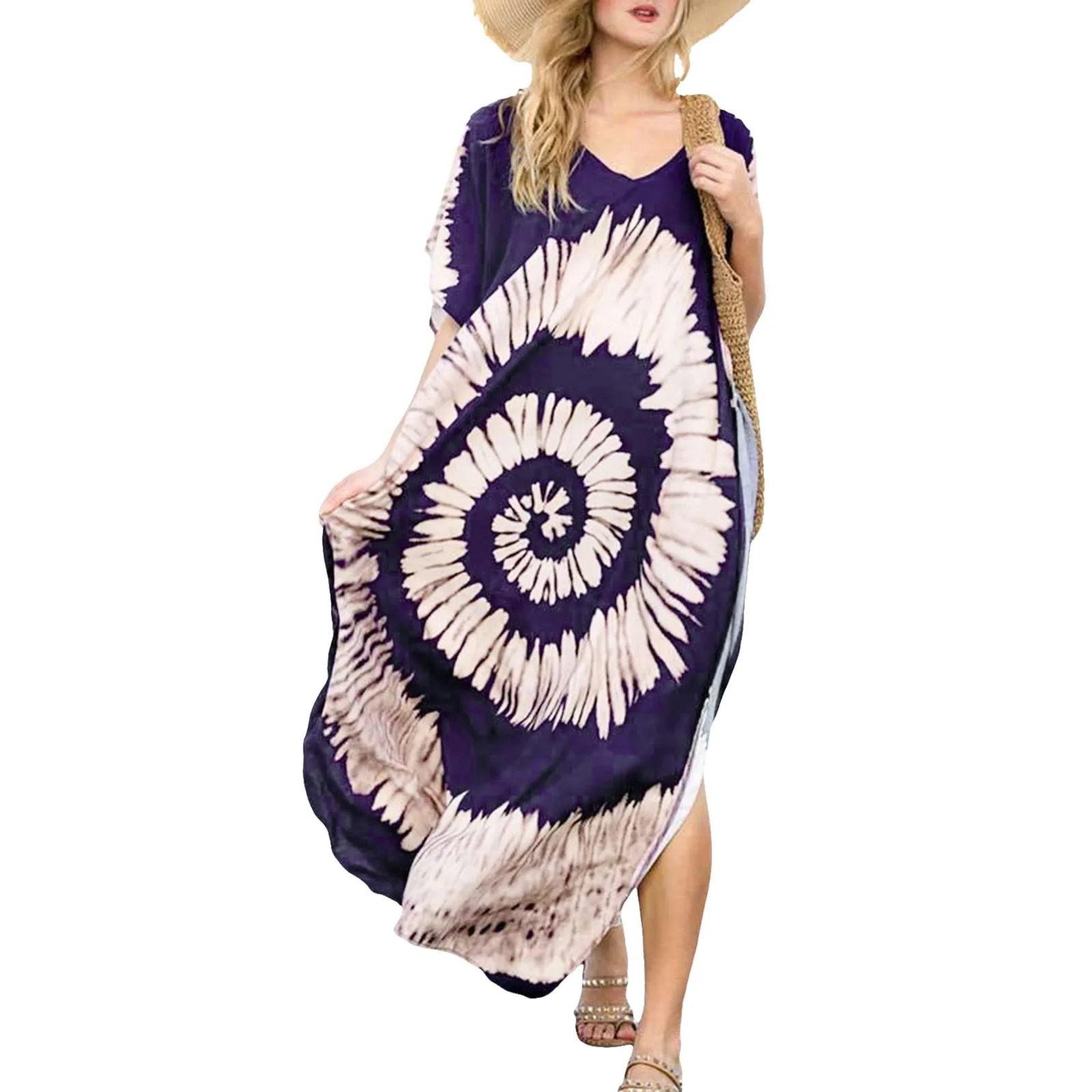 Bohemian Maxi Dresses Summer Kaftan Loose Fit Dress V-Neck Batwing Sleeve Loose Dress For Women Beach Cover Up Dresses 250213