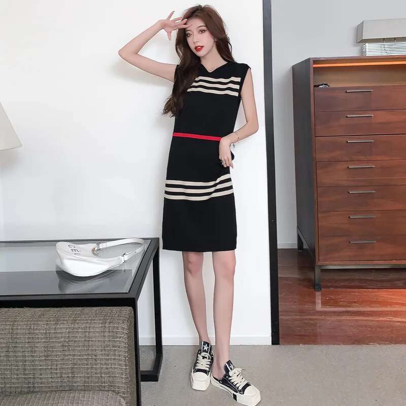 Spring Summer Hooded Striped Knitted Dress Women Hong Kong Style Sweet Loose Midi Dresses