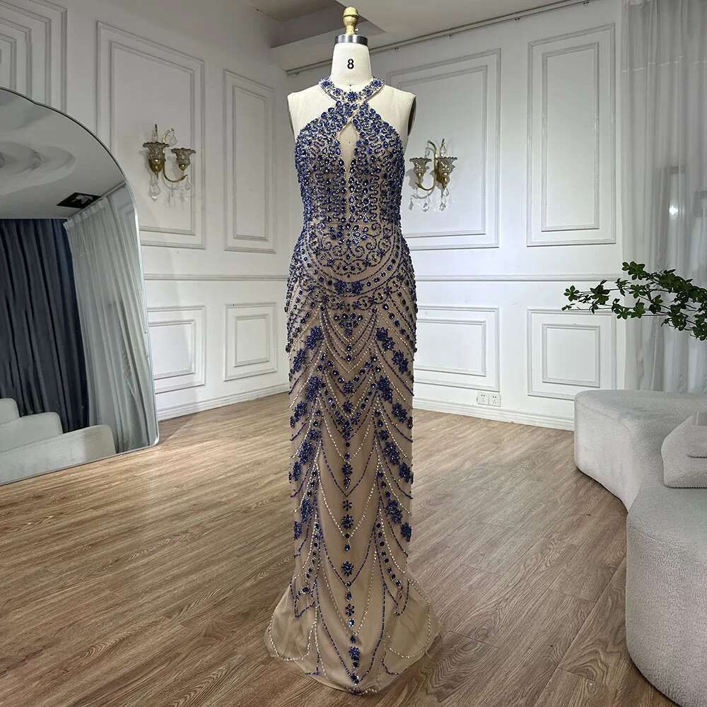 Blue Elegant Saudi Arabic Halter Neck Evening Gown Crystal Beaded Dress For Formal Ocn Customize BLA mal