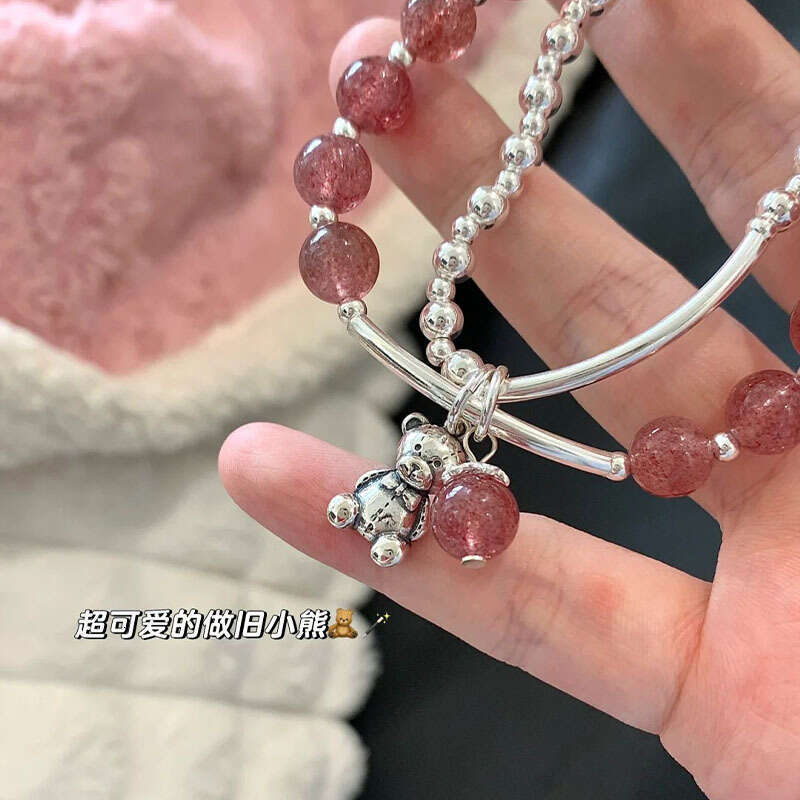 Tiqi Korean Double layer Strawberry Crystal Bracelet for Women S Pure Sier Vintage Bear Fashionable and Versatile Handmade Jewelry