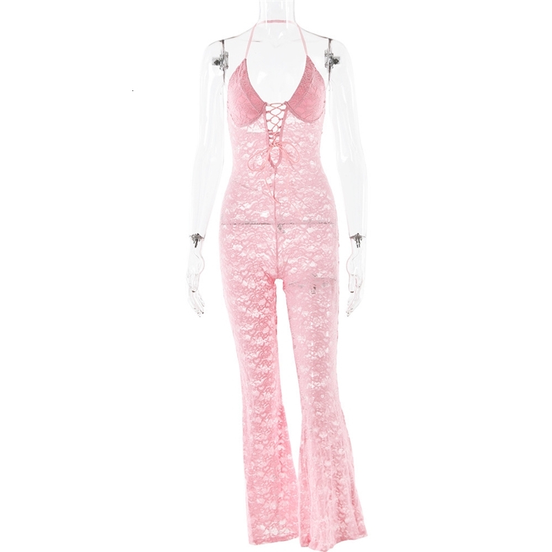 Women Jumpsuits Spring New Sexy Fashion Hollow Lace Perspective Backless Hanging Neck Slim Fit Rompers Summer