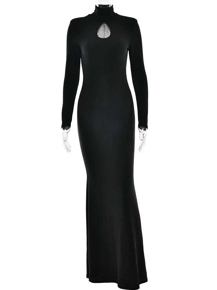 Basic Casual Dresses Fantoye Turtleneck Bright Silk Shiny Women Maxi Dress Black Hollow Out Long Slve Dress Winter Slim Elegant Party Evening Dress H2