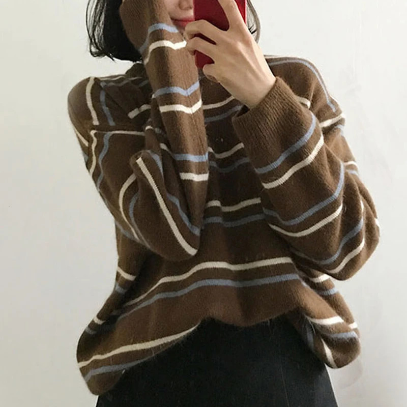 Women Pullovers CrewNeck Knitted Jumper Student Striped Sweater Aesthetic Outfit 250211
