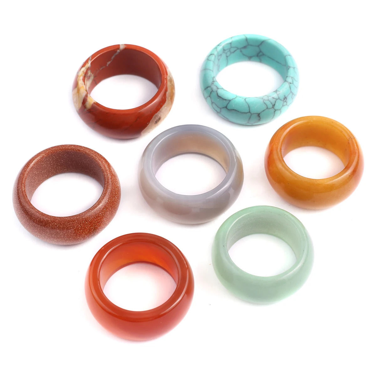 10 PCS Wholesale Natural Stone Ring Agate Unakite Jade Flat Ring 23x9-28x12mm Charm Jewelry Women and Mens Accessories Gift 250213