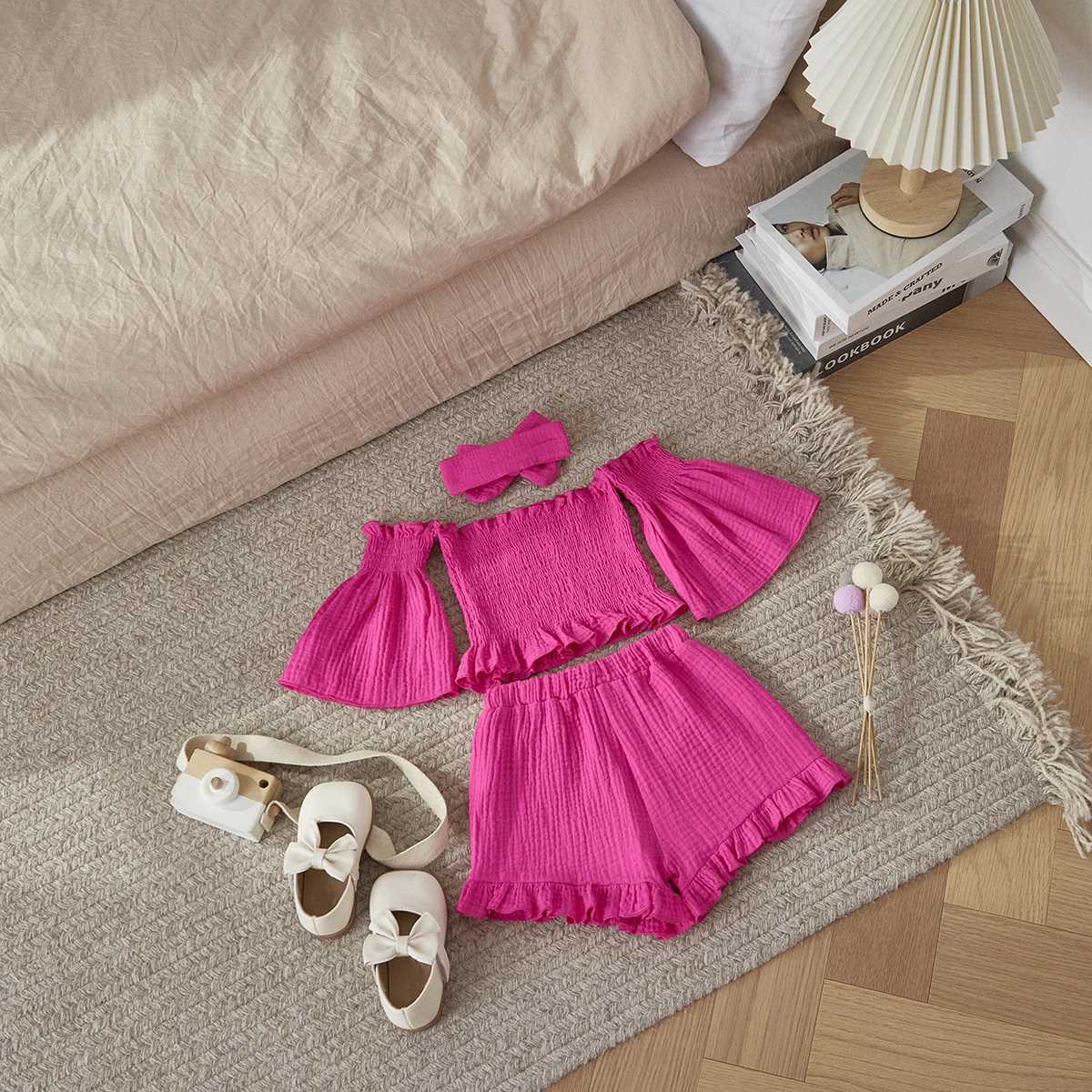 Listenwind 1-6Y Toddler Kid Girl Clothes Set Children Outfits Ruffle Off Shoulder Crop Tops Shorts Summer Holiday Clothing D08 W250218