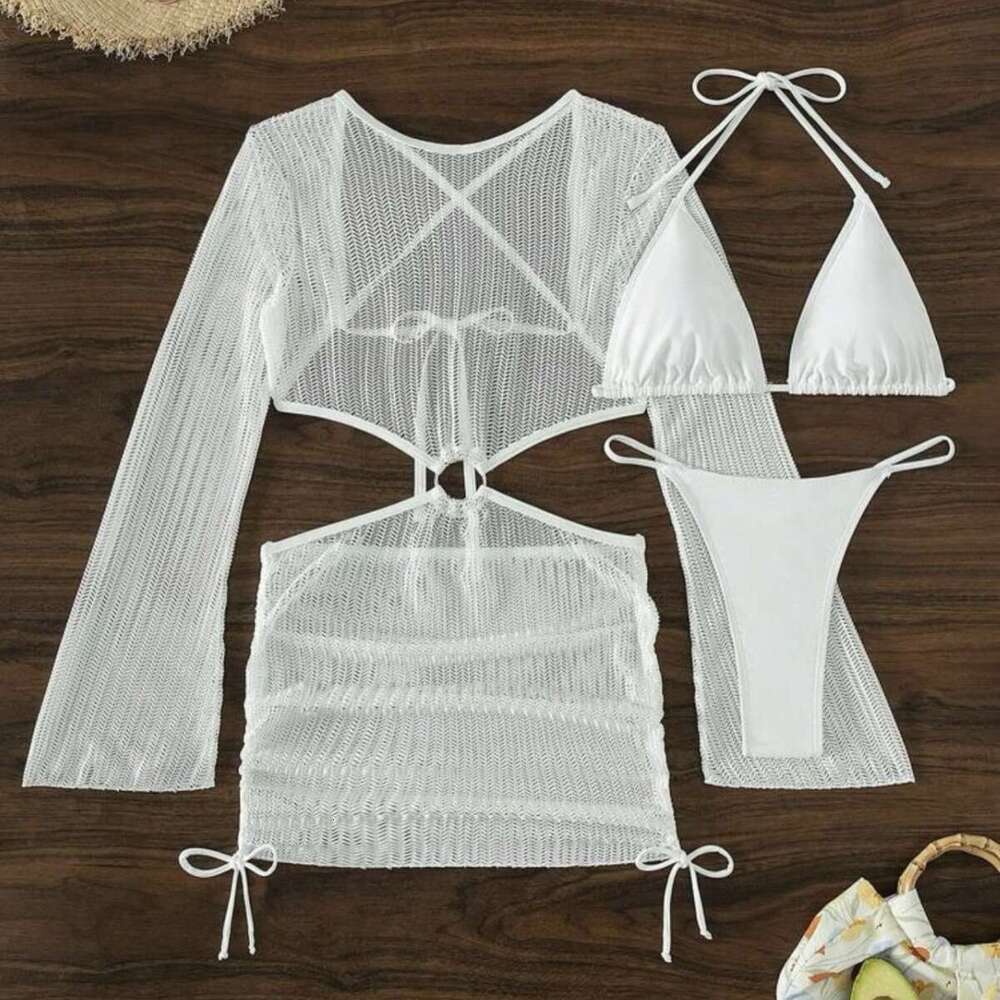 European and American special mesh hollow drawstring strap swimsuit bikini three piece set 2025 new casual versatile fashion clothing