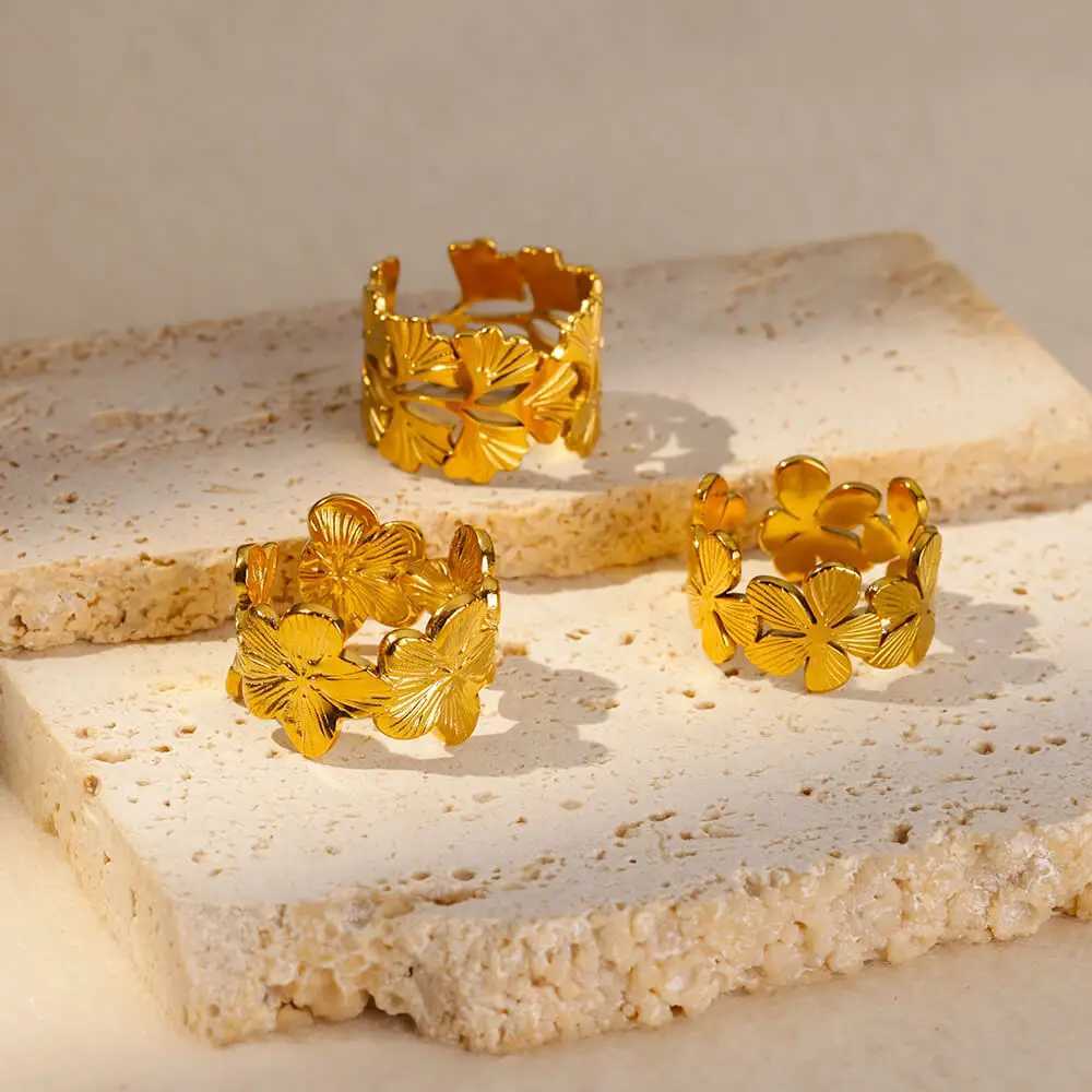 Cluster Rings Stainless Steel Flower for Women Men Gold Color Open Vintage Ginkgo Leaf Ring 2024 New Trend Wedding Jewelry bague Gift H250217 OZ7L